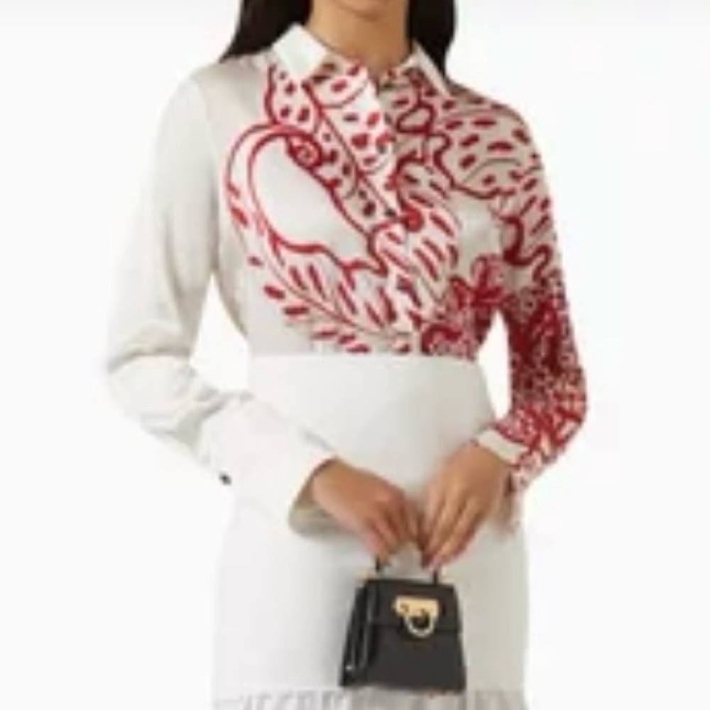 Salvatore Ferragamo Silk White and Red Patterned Blouse size 40
